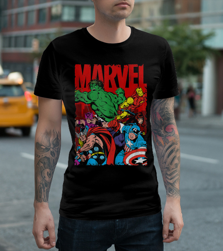 Marvel Avengers Vintage Hulk Captain America Iron Man Thor Hawkeye Black Widow T-Shirt