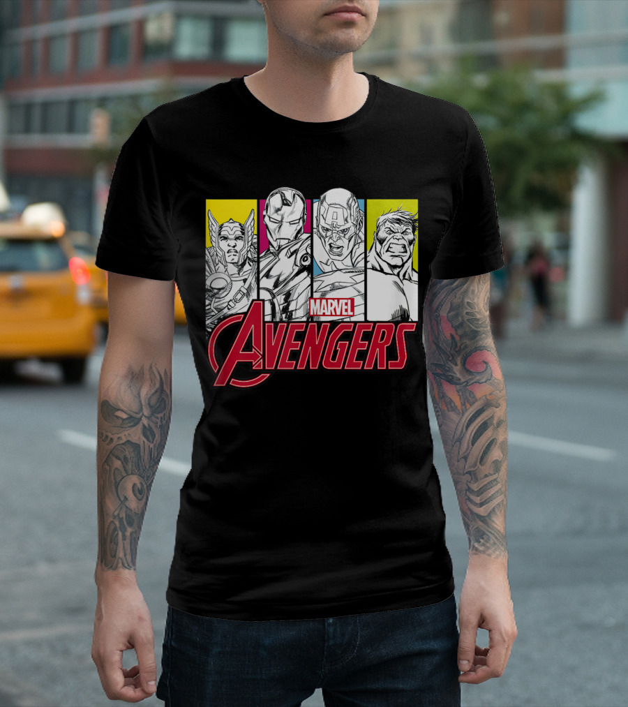Marvel Avengers Thor Iron Man Captain America Hulk Sketch Panel T-Shirt