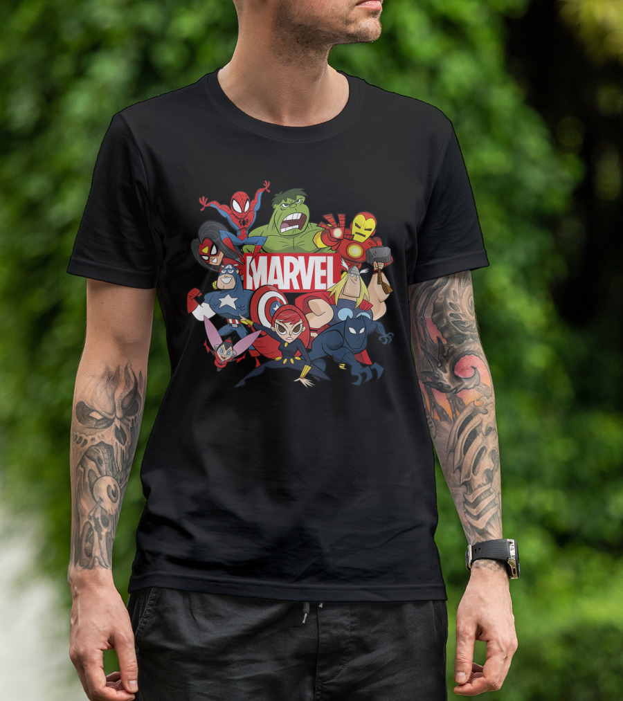 Marvel Avengers Cartoon Action Heroes Collage T-Shirt
