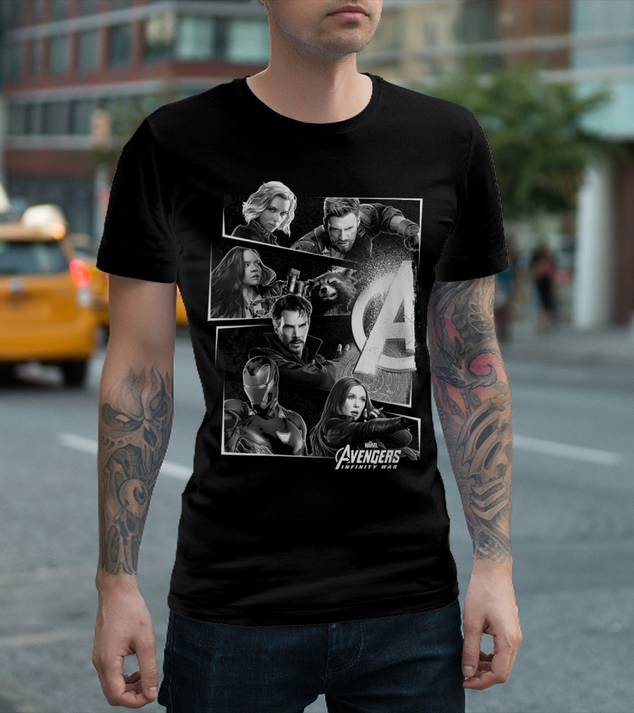 Marvel Avengers Infinity War Black Widow Captain America Iron Man Doctor Strange Scarlett Witch Rocket Raccoon T-Shirt