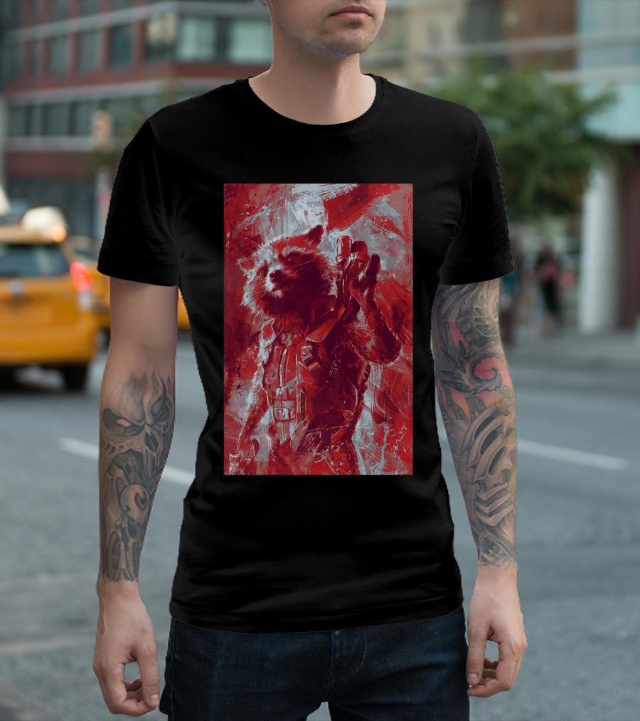 Avengers Endgame Rocket Raccoon Red and White Painting T-Shirt