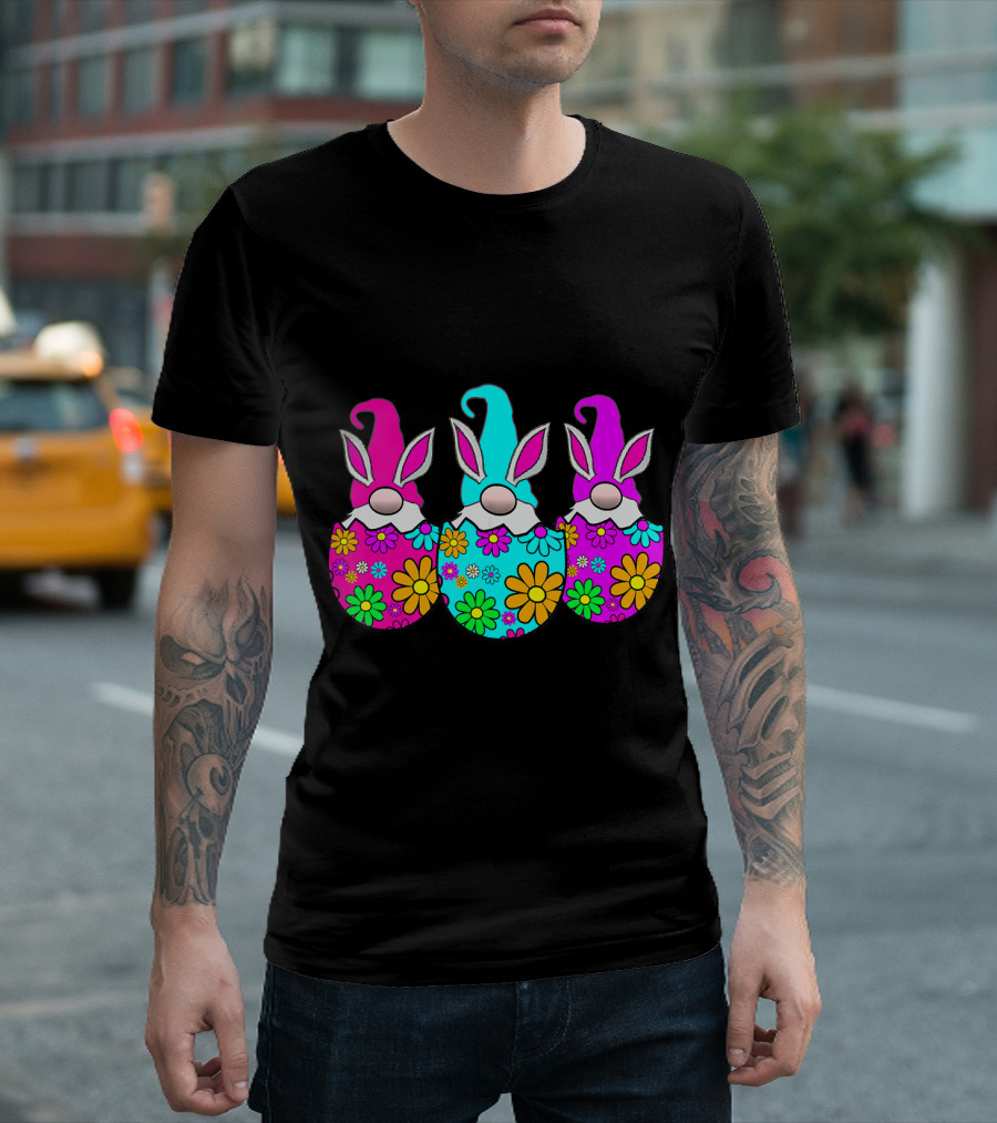 3 Easter Egg Gnomes Colorful Spring Bunny Ears Flowers T-Shirt