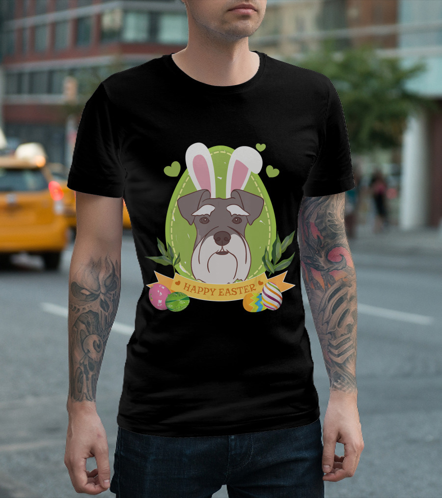 Happy Easter Bunny Schnauzer Dog with Eggs and Hearts T-Shirt