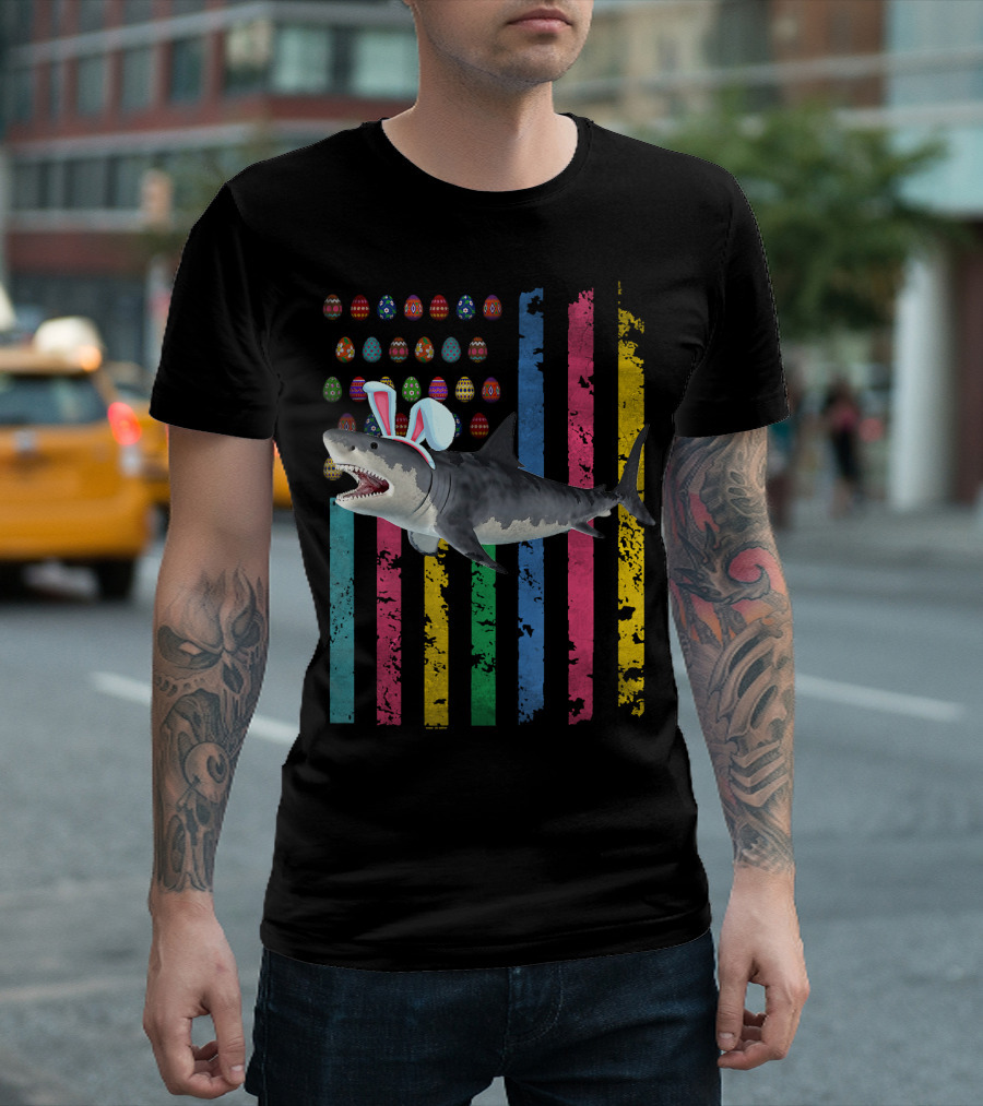 Easter American Flag Funny Bunny Shark with Colorful Eggs T-Shirt