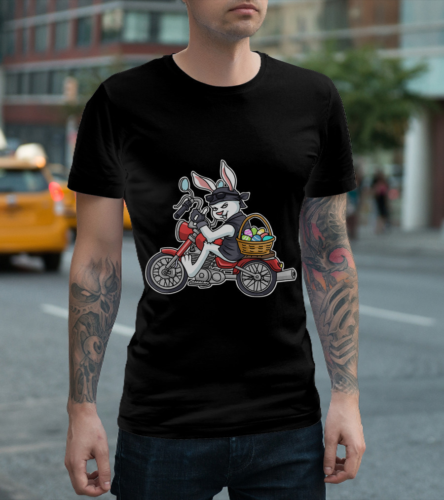Easter Bunny Biker with Eggs on Motorcycle T-Shirt