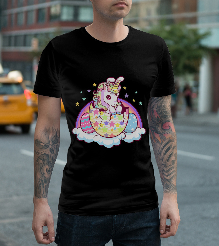 Unicorn in Easter Egg with Rainbow and Stars for Girls Kids Easter T-Shirt