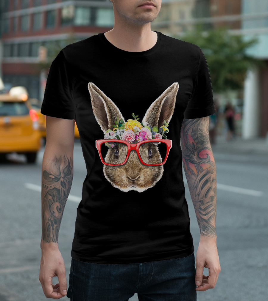Floral Easter Bunny Glasses Costume Face Easter Day T-Shirt
