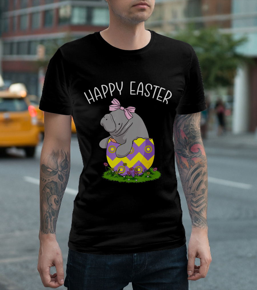 Happy Easter Manatee in Yellow Purple Egg with Pink Bow T-Shirt