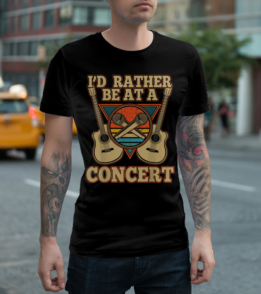 I'D Rather Be at a Concert with Vintage Acoustic Guitar Microphones and Retro Sunset Triangle T-Shirt