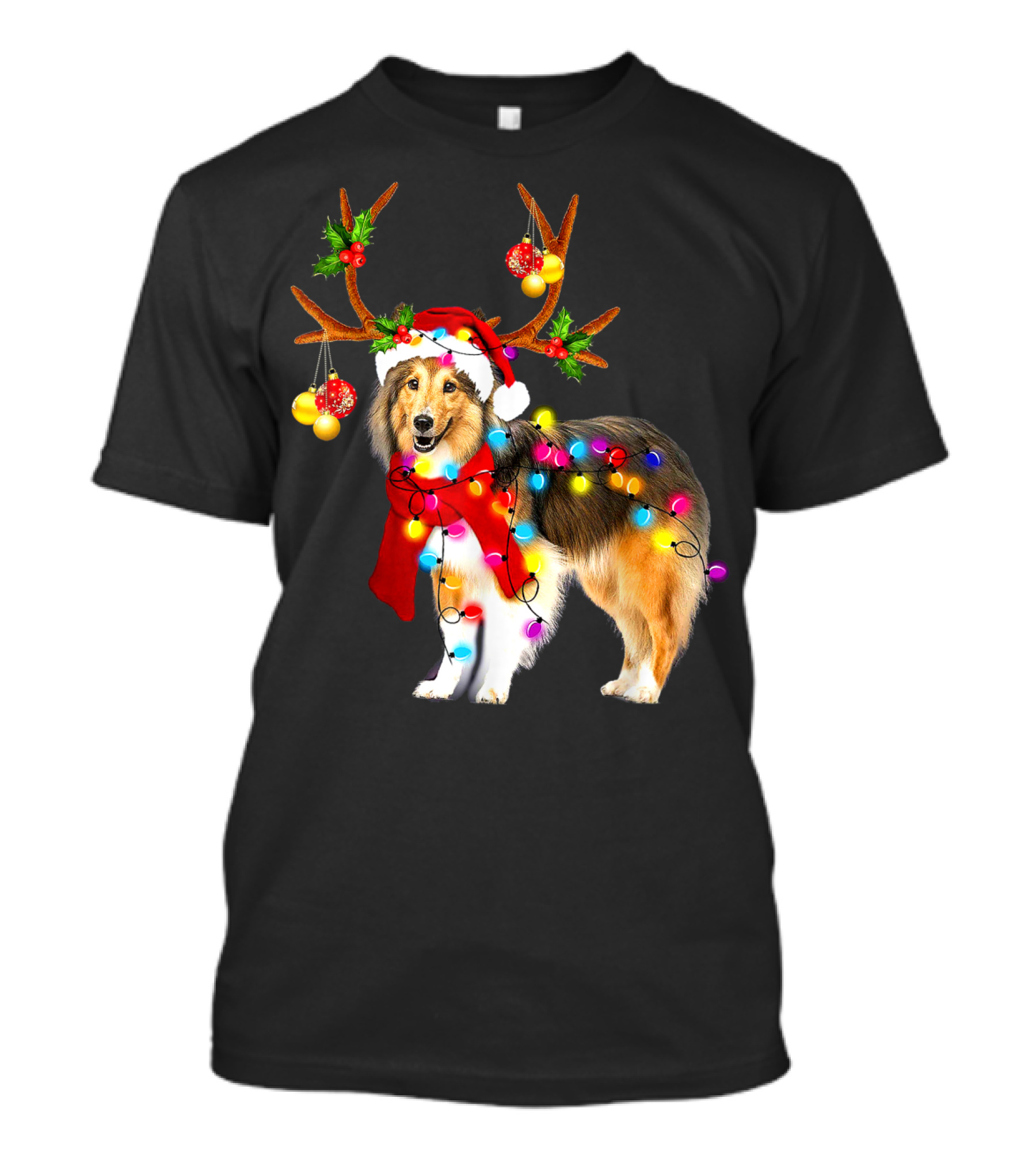 Santa Sheltie Reindeer Antlers Christmas Lights T-Shirt