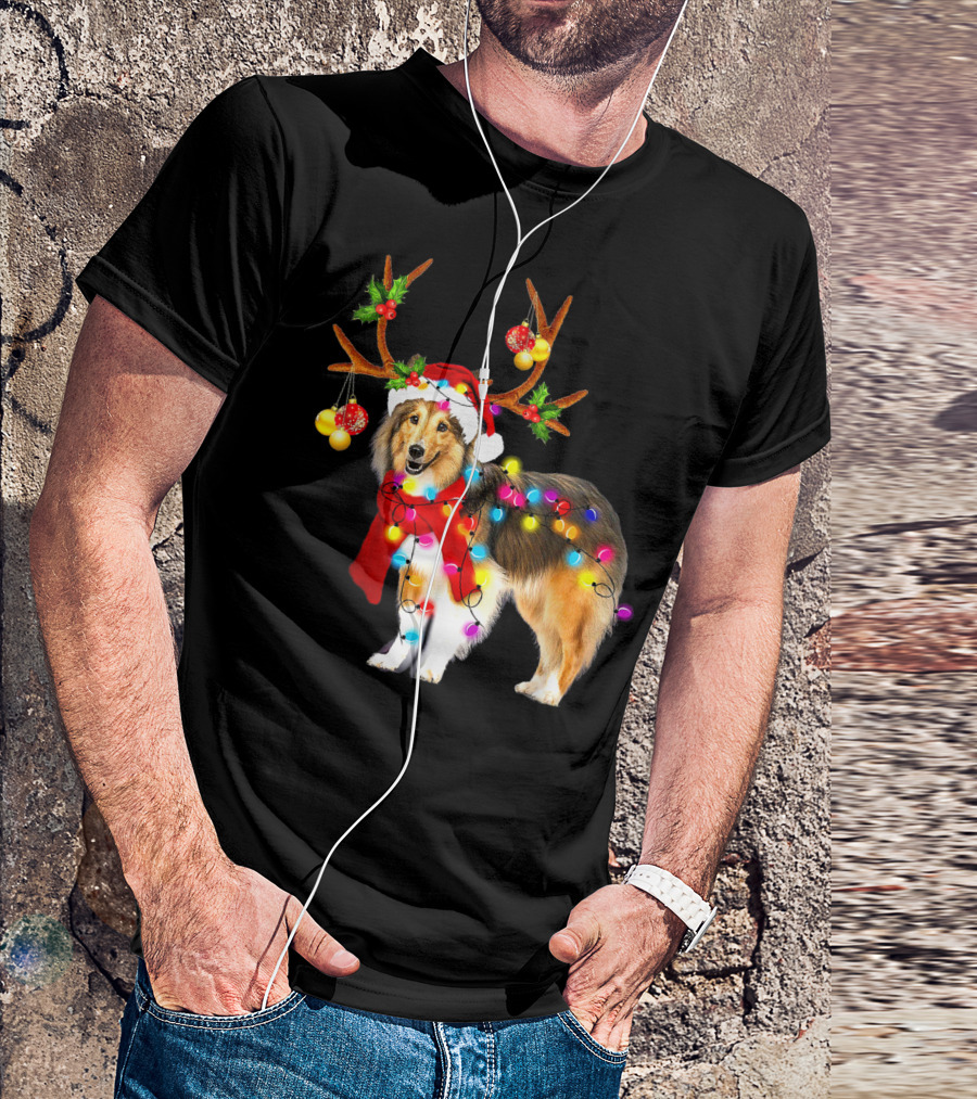 Santa Sheltie Reindeer Antlers Christmas Lights T-Shirt