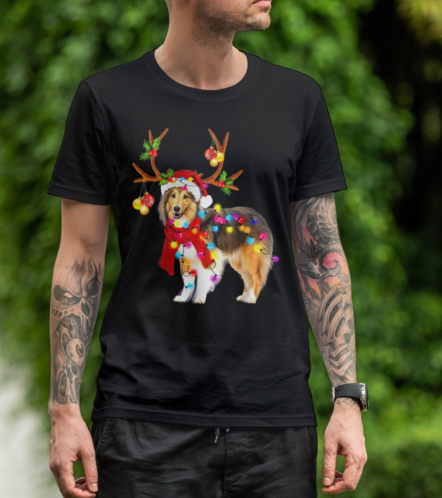 Santa Sheltie Reindeer Antlers Christmas Lights T-Shirt