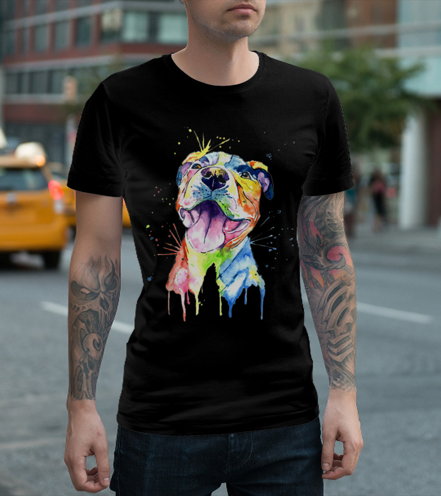 Pitbull Colorful Artistic Dripping Watercolor Funny Dog Breed T-Shirt