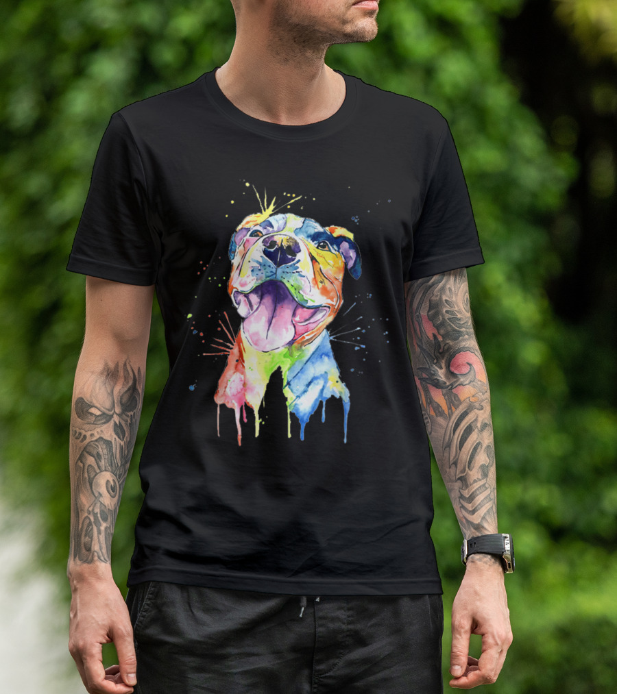 Pitbull Colorful Artistic Dripping Watercolor Funny Dog Breed T-Shirt