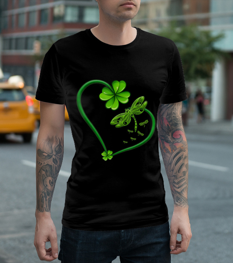Dragonfly Heart Irish Shamrock Clover T-Shirt