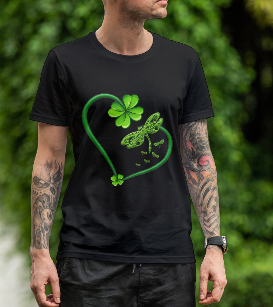 Dragonfly Heart Irish Shamrock Clover T-Shirt