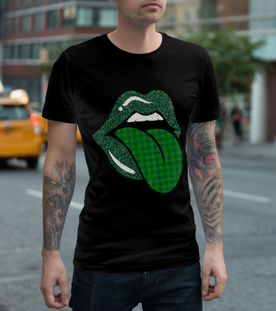 Green Plaid Tongue Lips Irish Ireland T-Shirt
