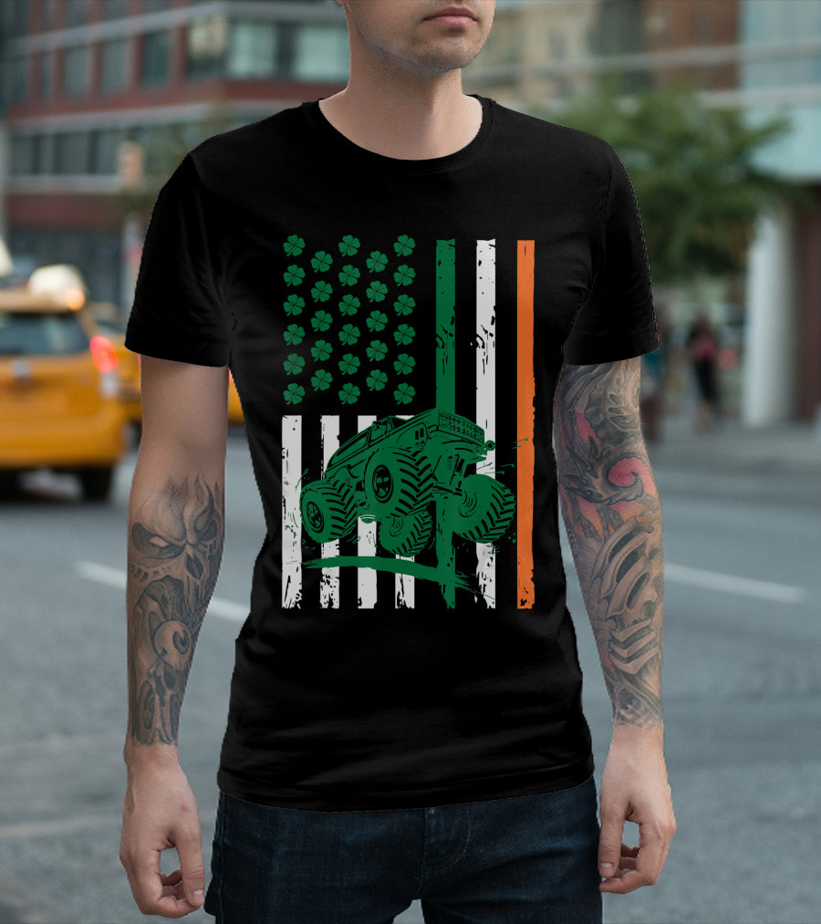 Irish American Flag Monster Truck St Patrick's Shamrock Stripes T-Shirt