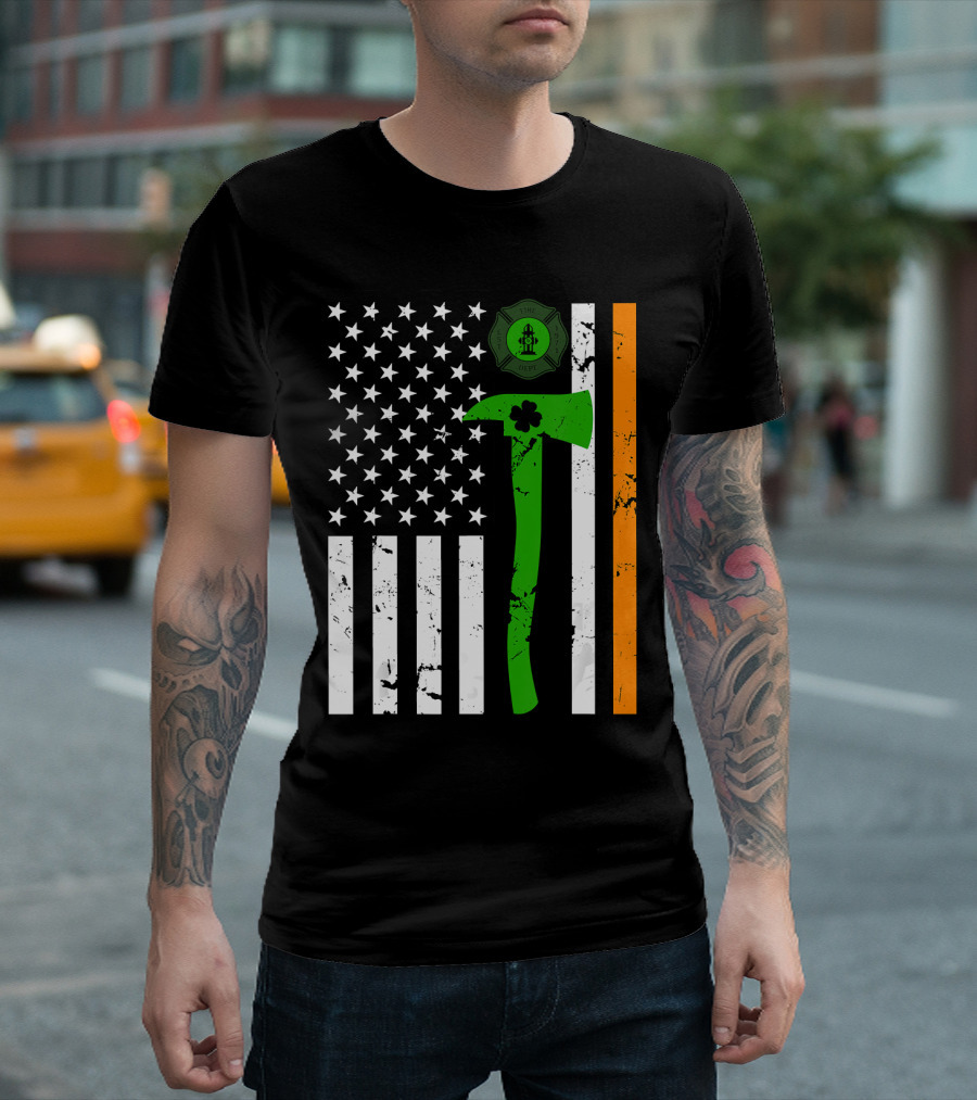 American Flag Irish Firefighter St Patricks Day Fireman Irish Heritage Axe Shamrock Badge T-Shirt