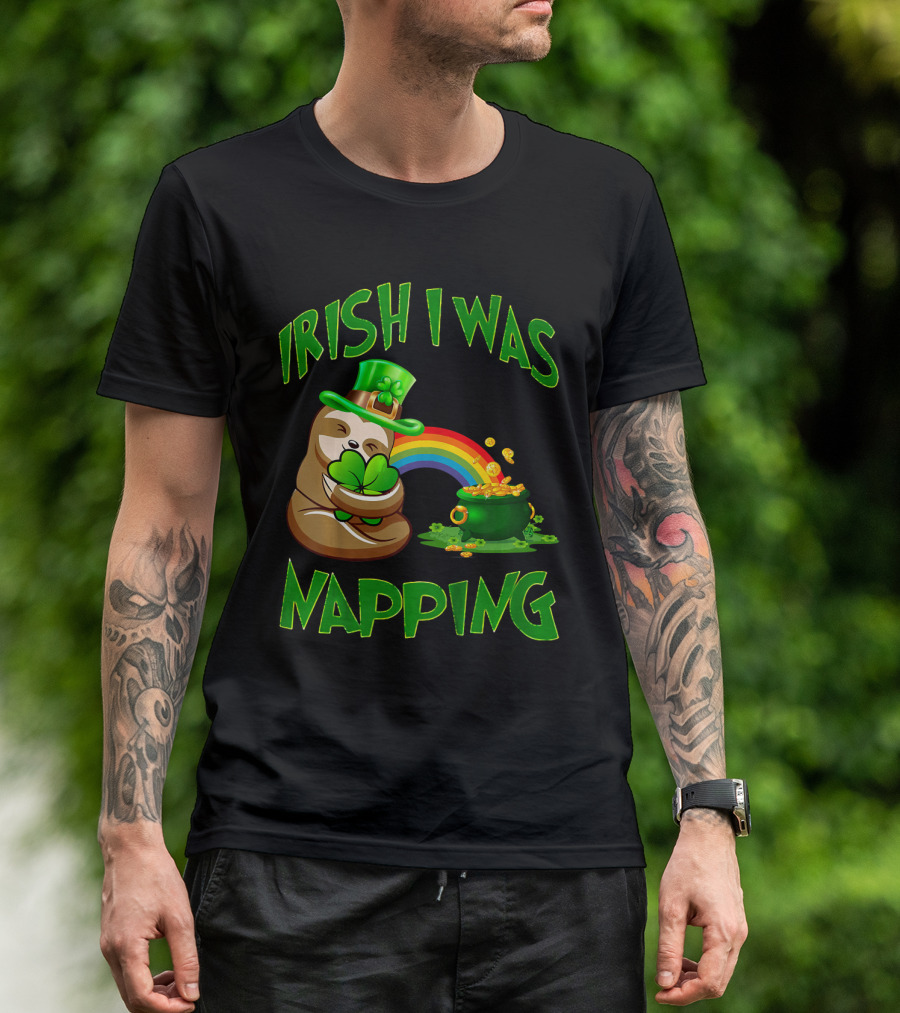 Irish I Was Napping Sloth Holding Shamrock With Rainbow Pot Of Gold T-Shirt