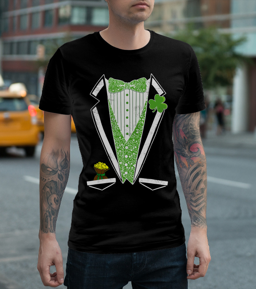 Green Shamrock Bow Tie Irish Leprechaun Tuxedo With Yellow Rose T-Shirt
