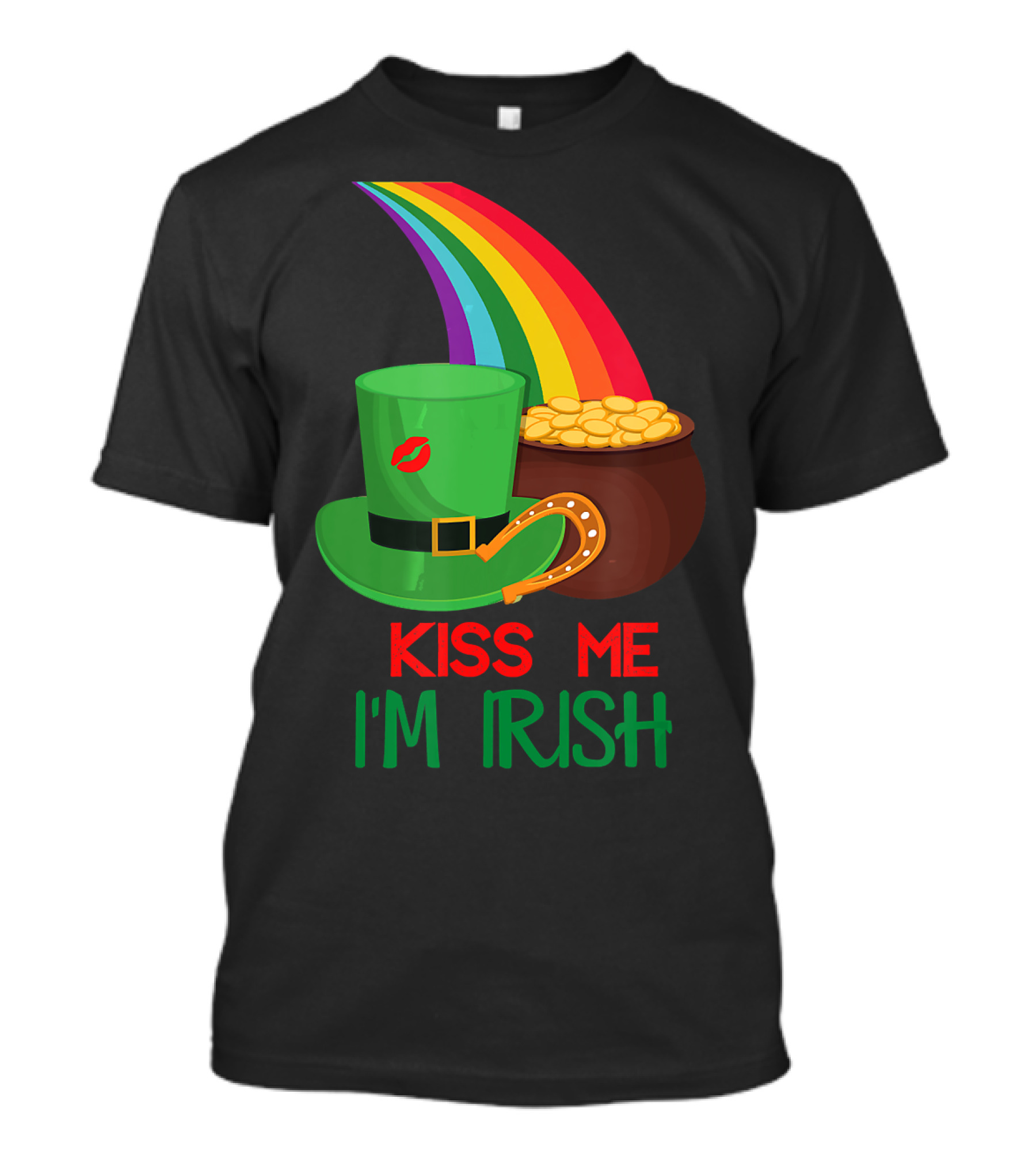 Kiss Me I'm Irish Green Hat Rainbow Pot Of Gold T-Shirt