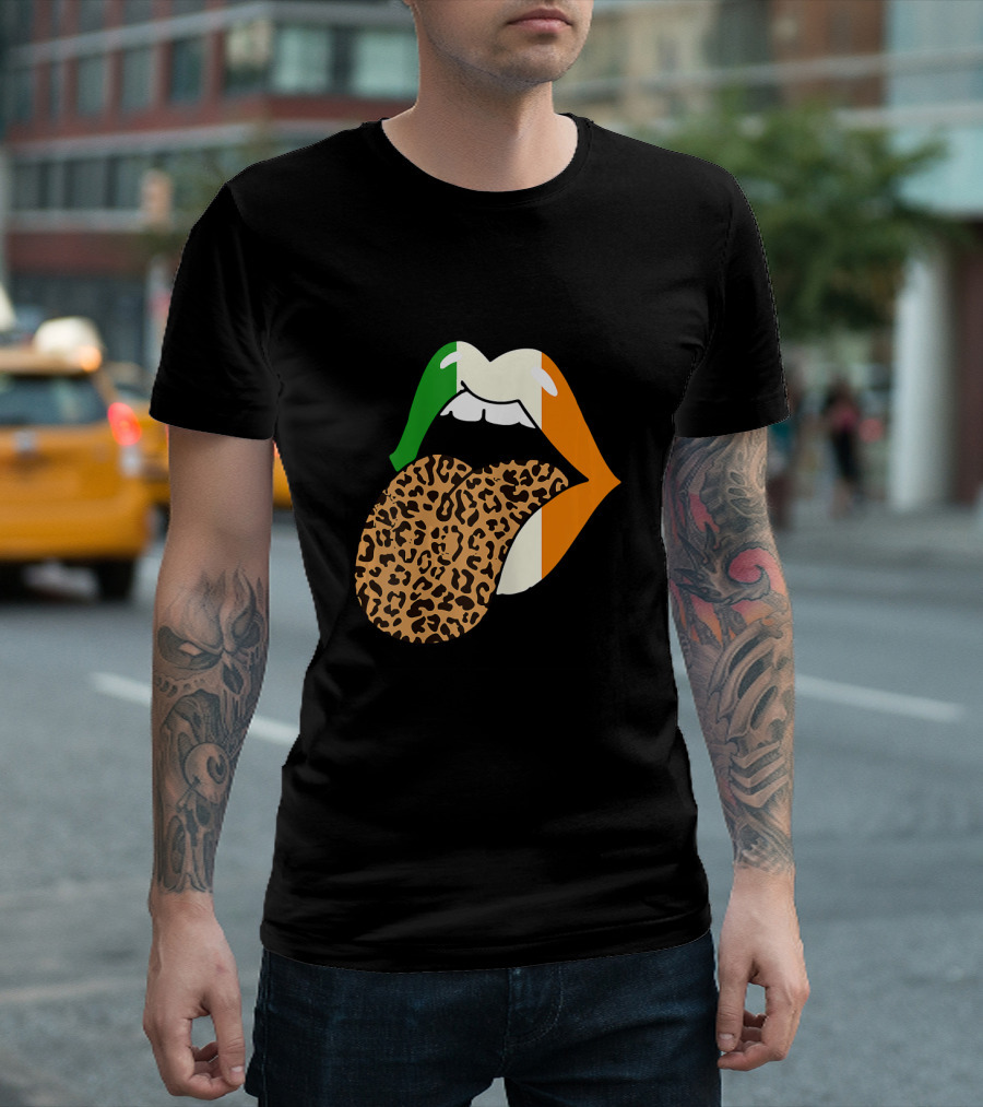 Leopard Pattern Irish Flag St. Patricks Day Lip T-Shirt