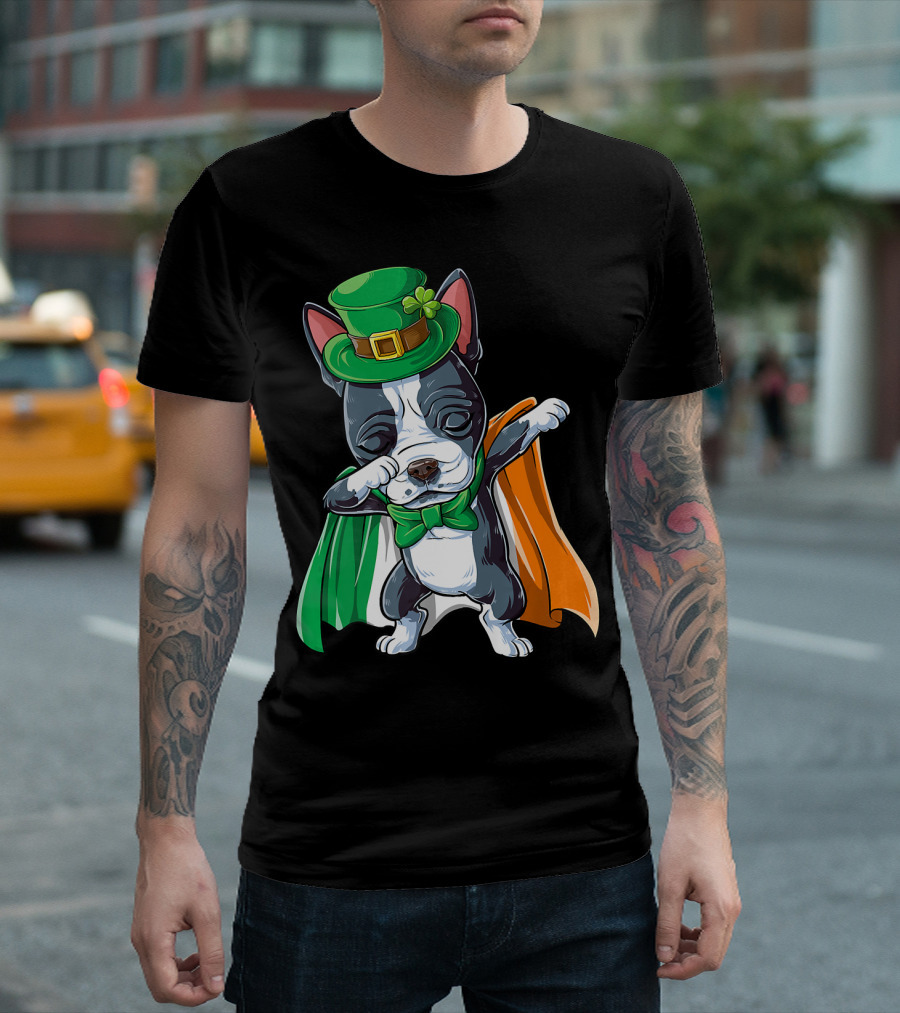 St Patricks Day Dabbing French Bulldog With Leprechaun Hat And Irish Flag Cloak T-Shirt