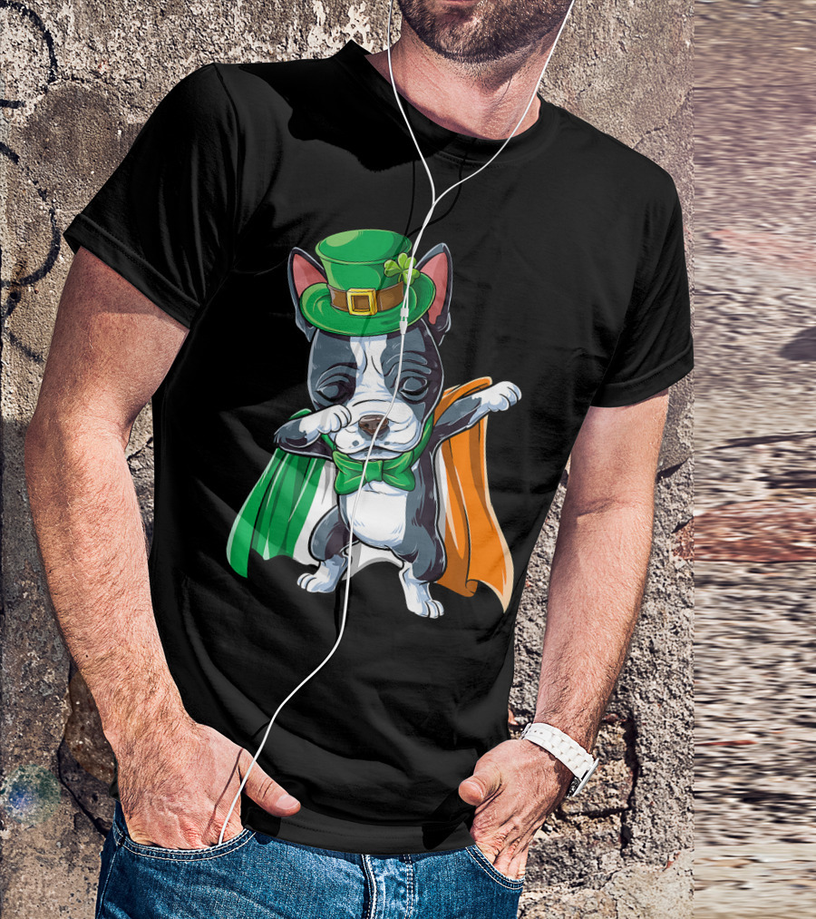 St Patricks Day Dabbing French Bulldog With Leprechaun Hat And Irish Flag Cloak T-Shirt