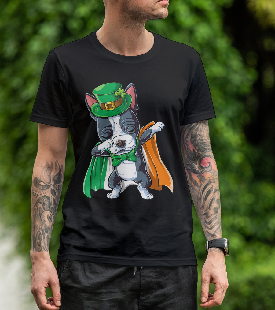 St Patricks Day Dabbing French Bulldog With Leprechaun Hat And Irish Flag Cloak T-Shirt