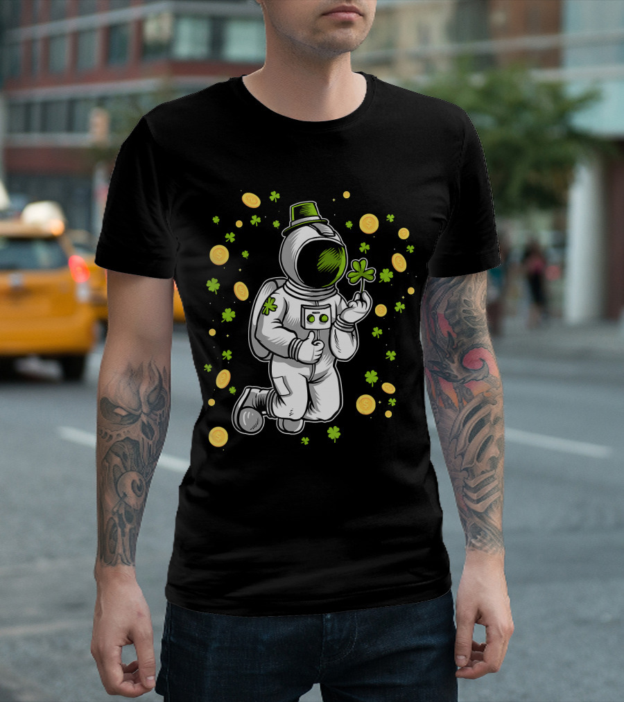 St. Patrick's Day Astronaut with Shamrock and Floating Coins T-Shirt