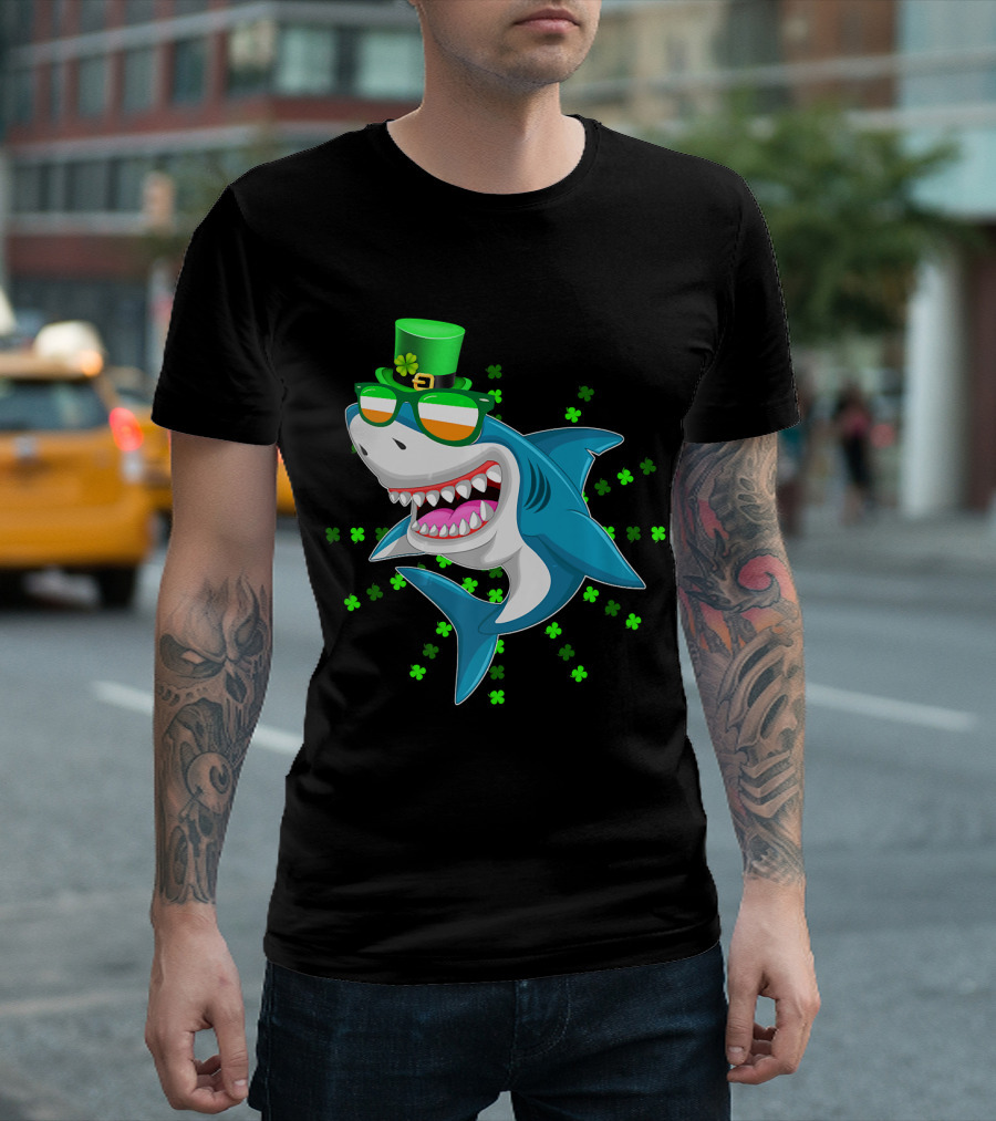 St. Patrick's Day Shark Wearing Irish Sunglasses with Green Hat and Shamrocks T-Shirt