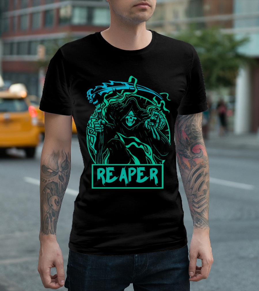 Reaper Neon Skull Scythe Hooded Figure T-Shirt