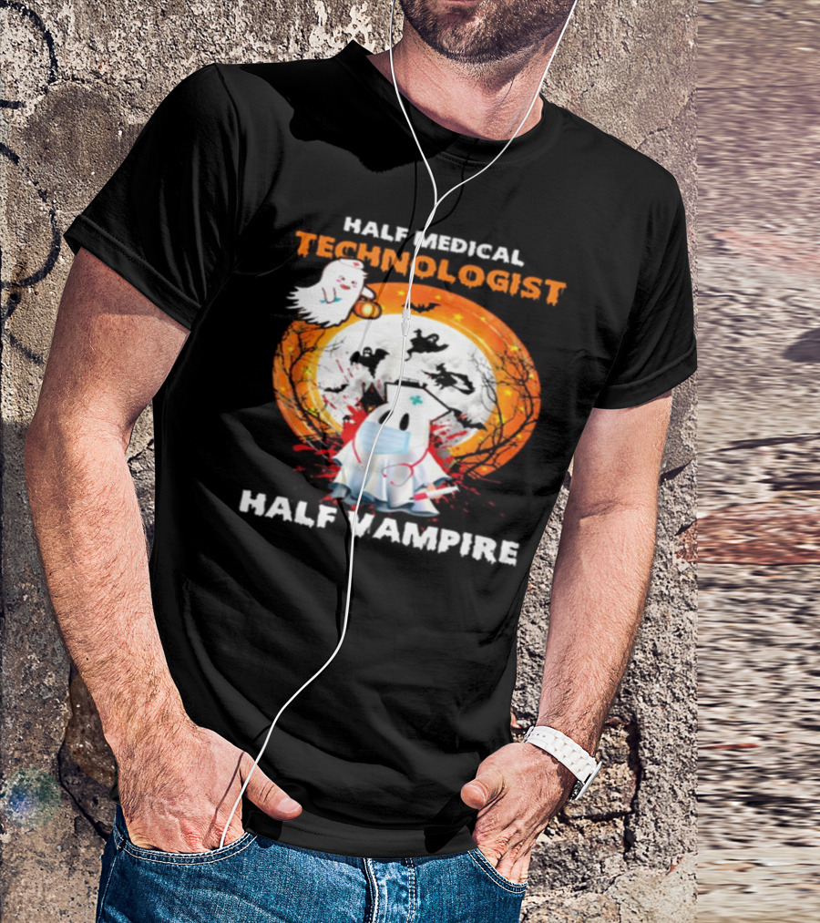 Half Medical Technologist Half Vampire Ghost Nurse Halloween Moon Bats T-Shirt