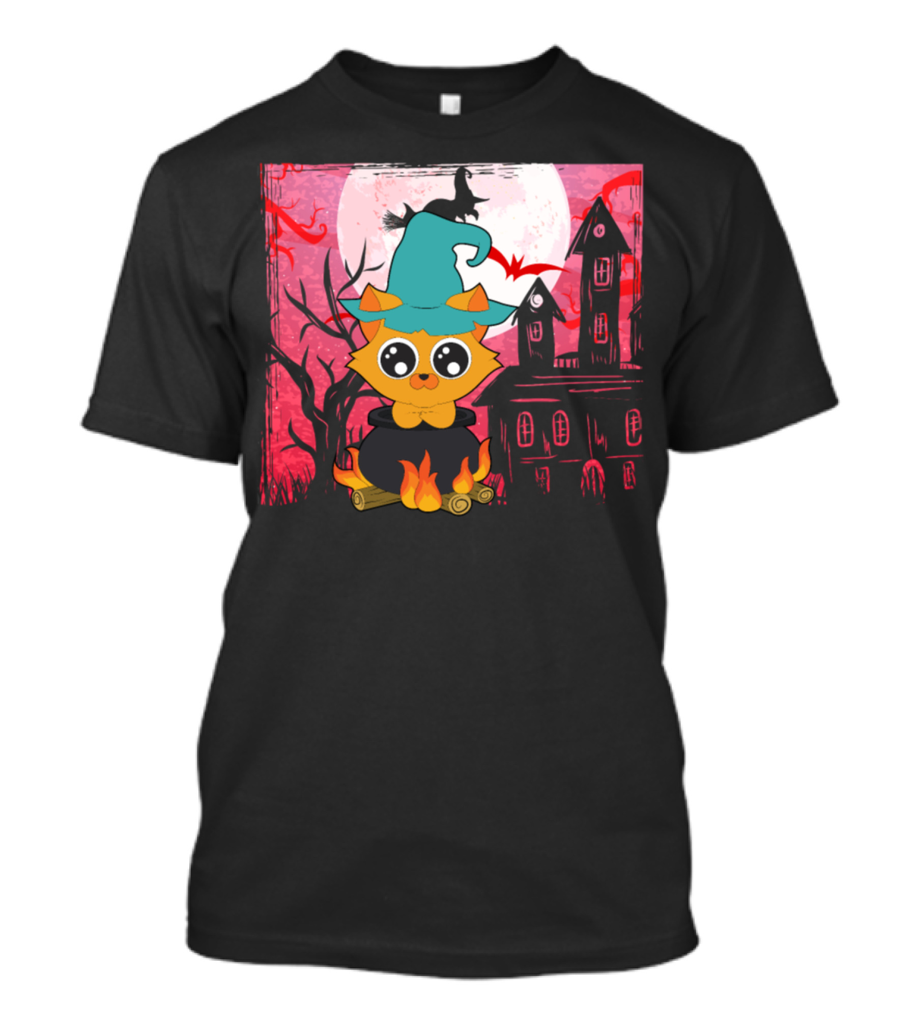 Halloween Animals Cute Cat Haunted House Moon Witch Hat T-Shirt