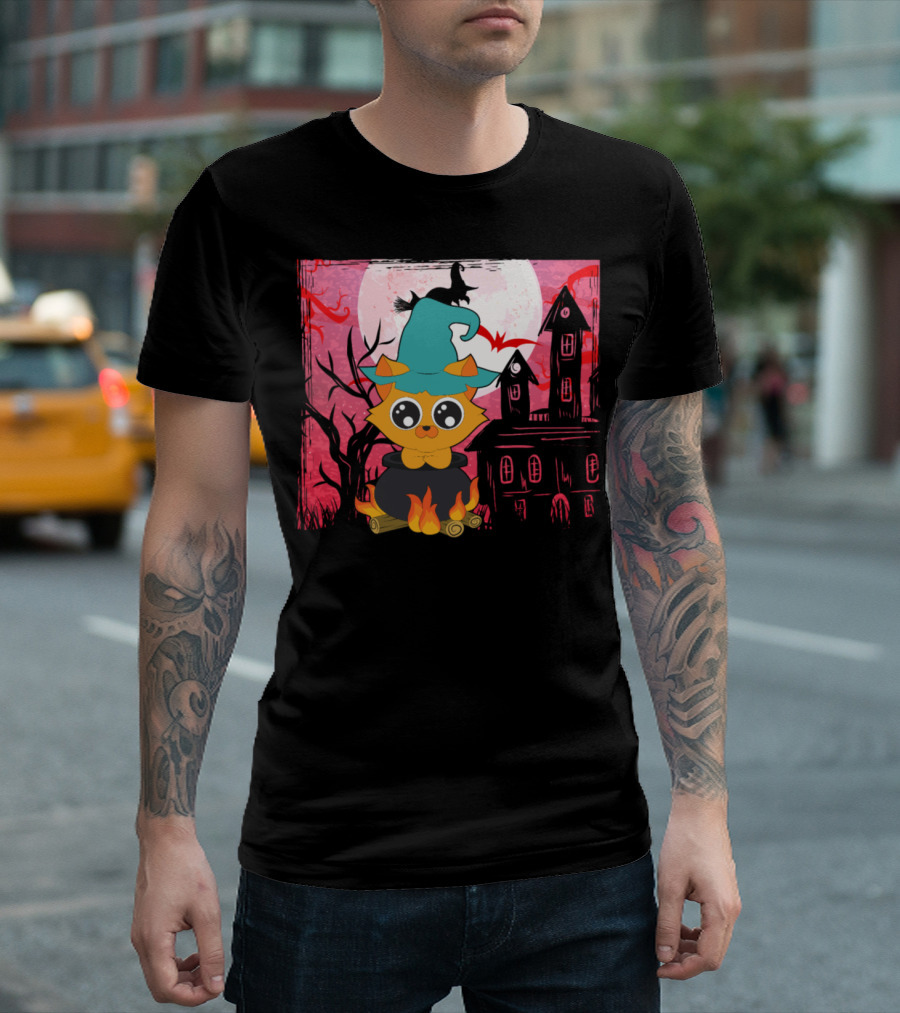 Halloween Animals Cute Cat Haunted House Moon Witch Hat T-Shirt
