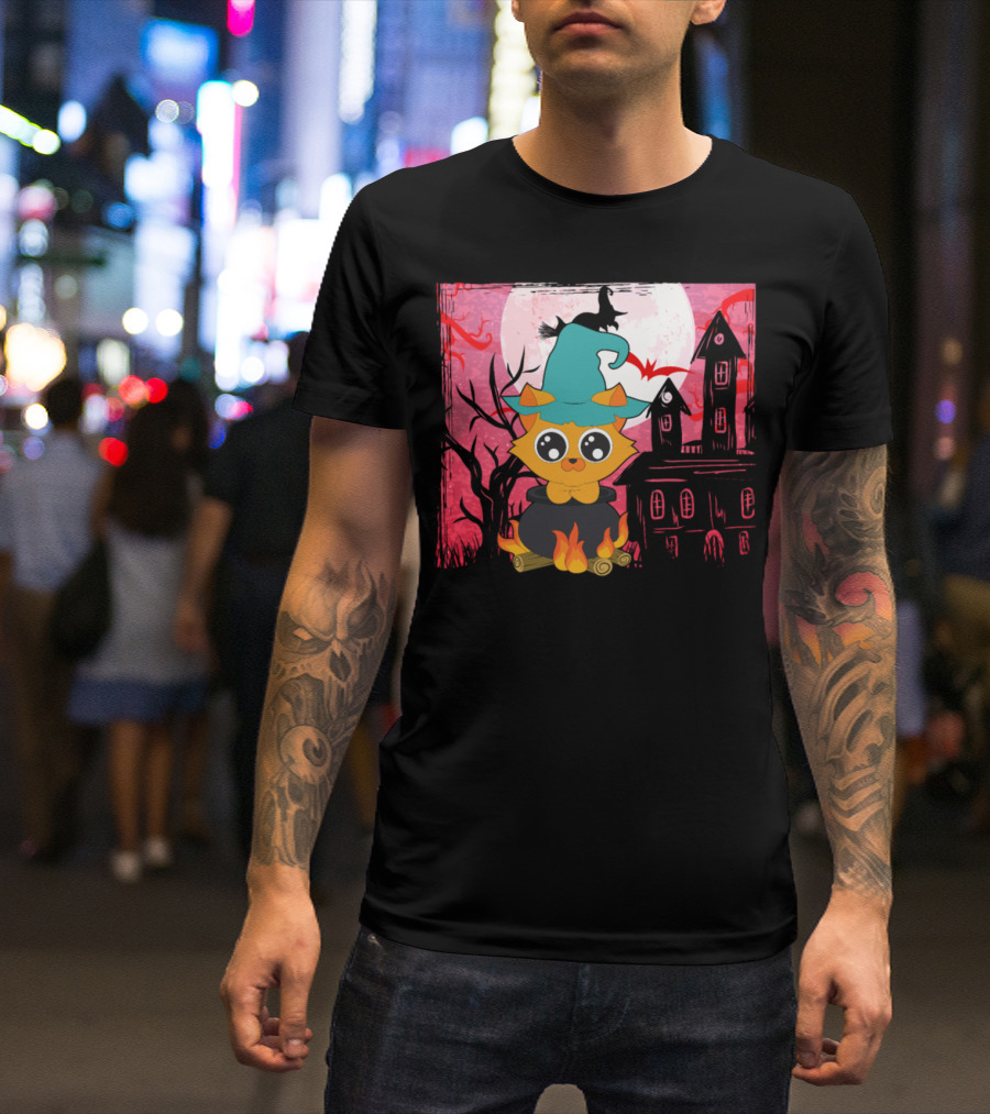 Halloween Animals Cute Cat Haunted House Moon Witch Hat T-Shirt