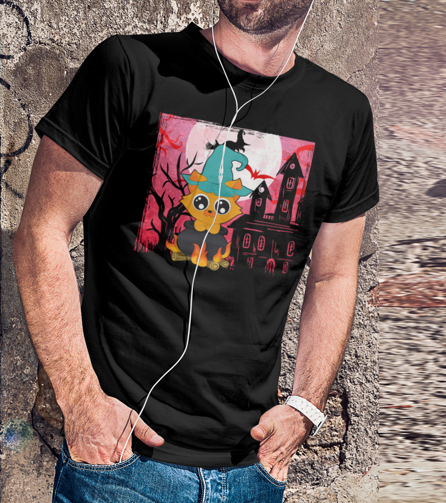 Halloween Animals Cute Cat Haunted House Moon Witch Hat T-Shirt
