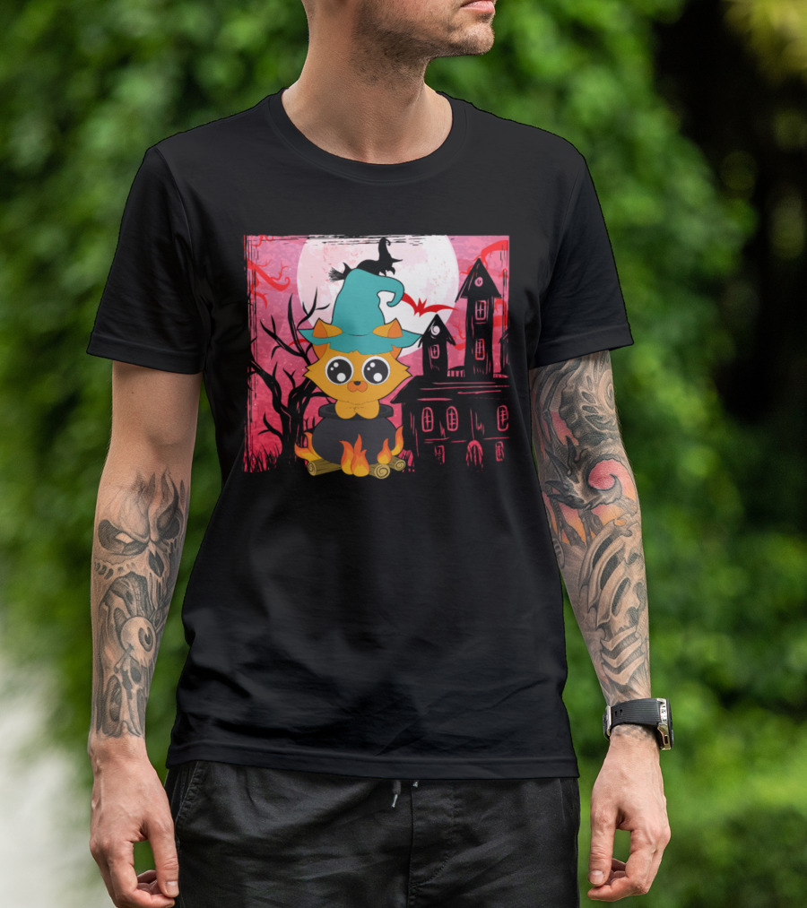 Halloween Animals Cute Cat Haunted House Moon Witch Hat T-Shirt