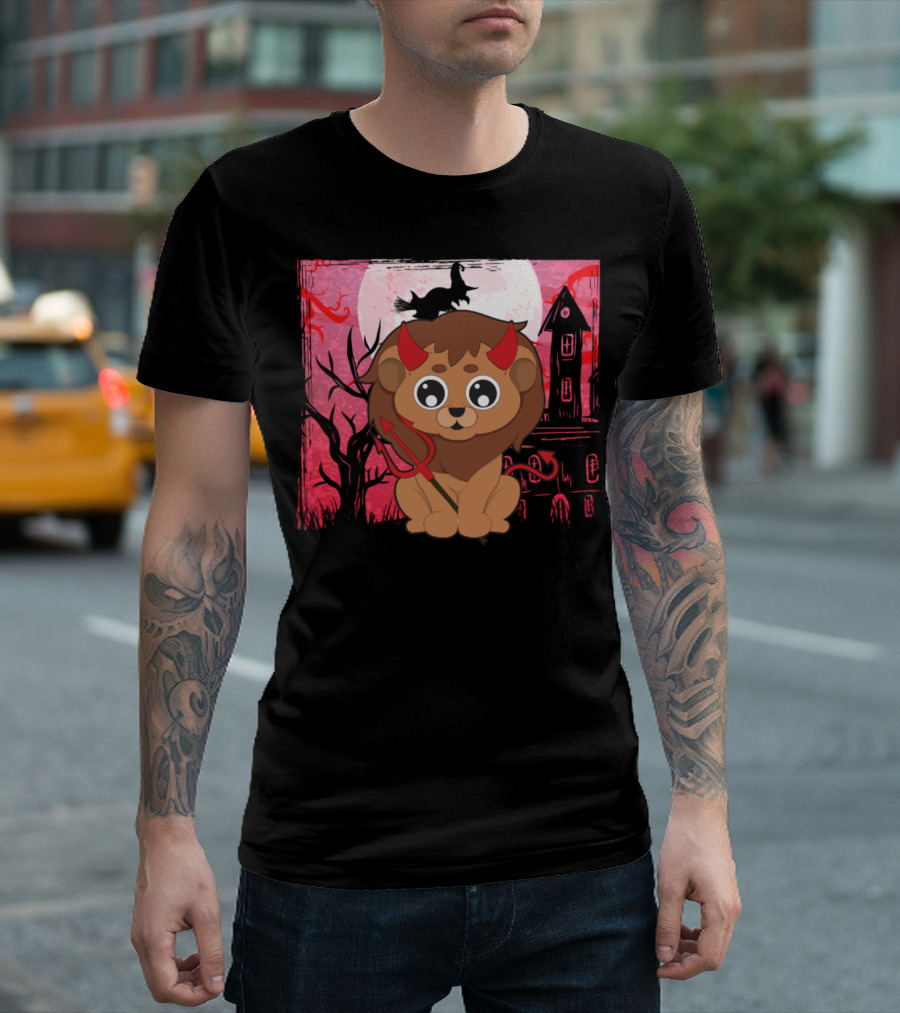 Halloween Cute Lion Devil Witch Haunted House Moon T-Shirt