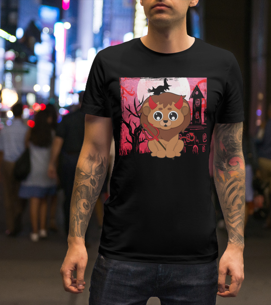 Halloween Cute Lion Devil Witch Haunted House Moon T-Shirt