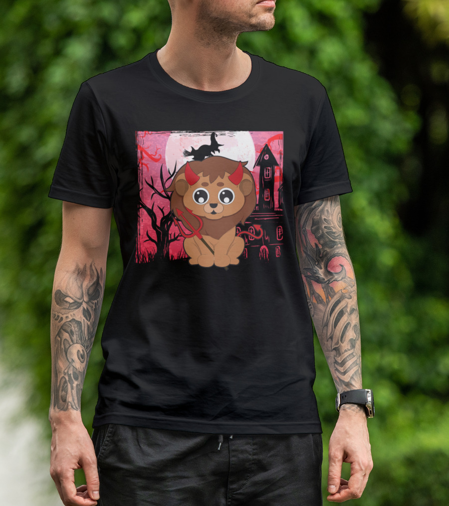 Halloween Cute Lion Devil Witch Haunted House Moon T-Shirt