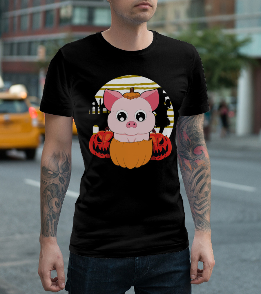 Halloween Animals Cute Pig Pumpkin Jack-O'-Lanterns Silhouette Background T-Shirt