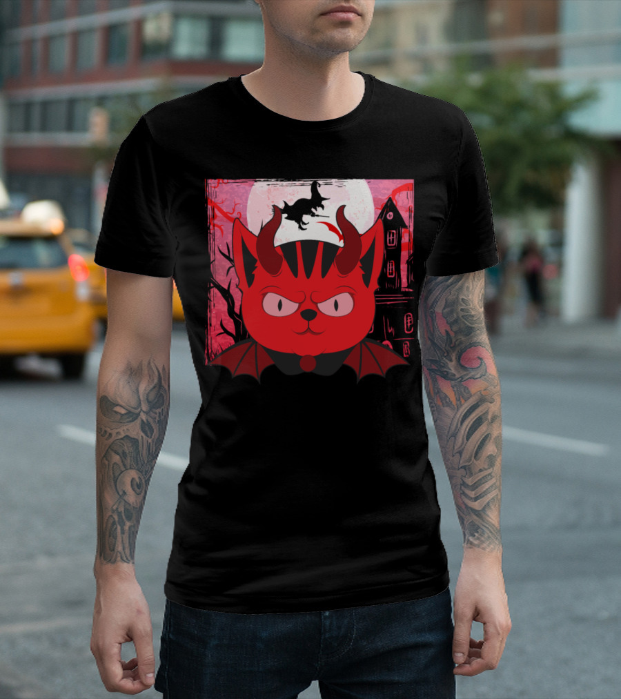 Halloween Devil Cat In Haunted House Scene With Moon And Bats T-Shirt
