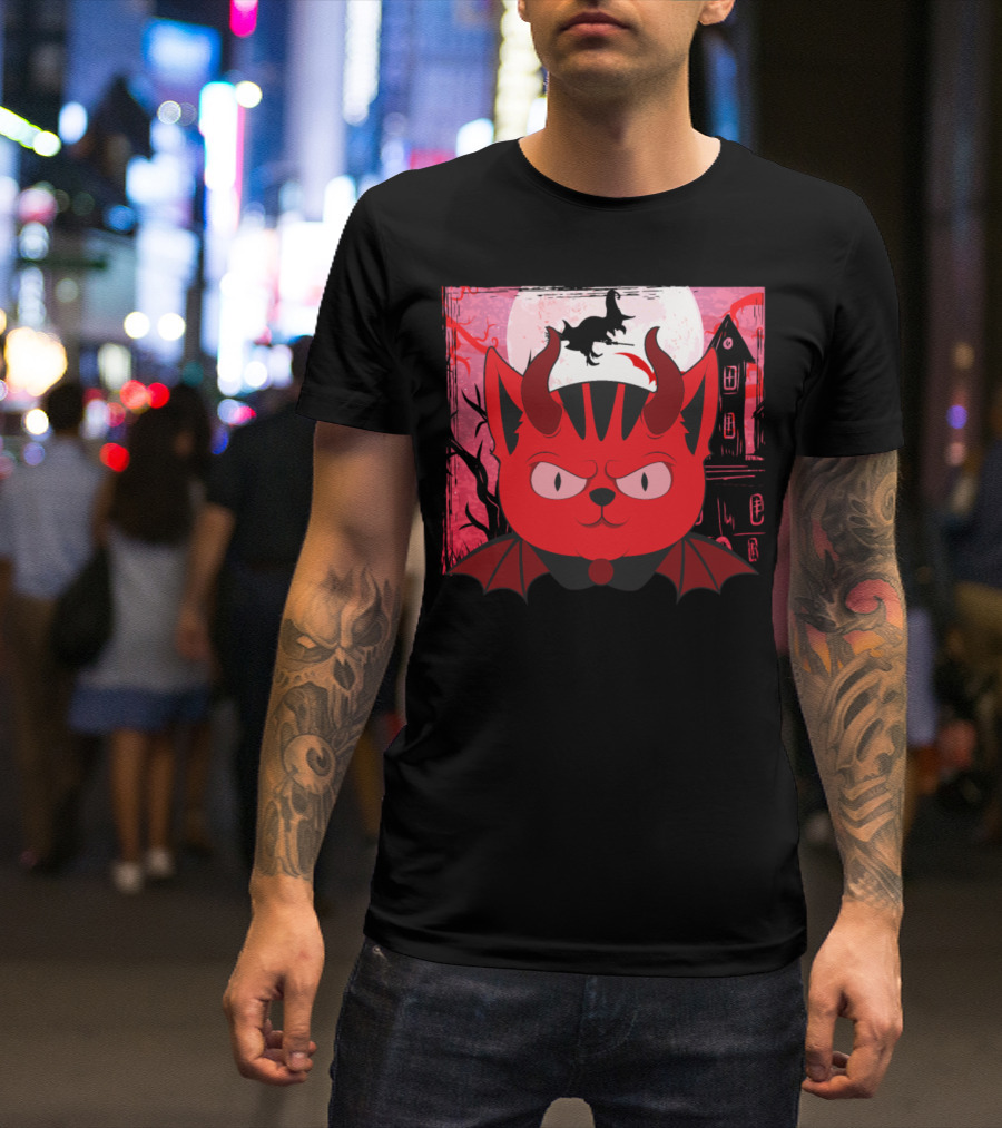 Halloween Devil Cat In Haunted House Scene With Moon And Bats T-Shirt