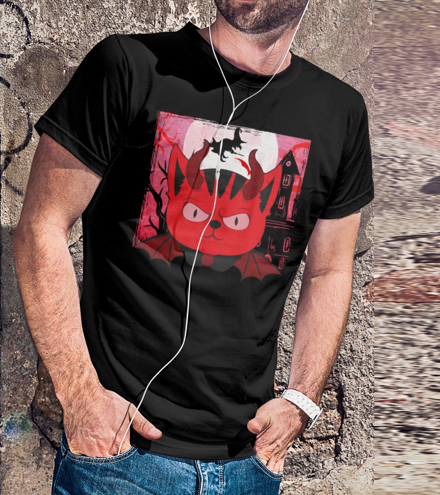 Halloween Devil Cat In Haunted House Scene With Moon And Bats T-Shirt