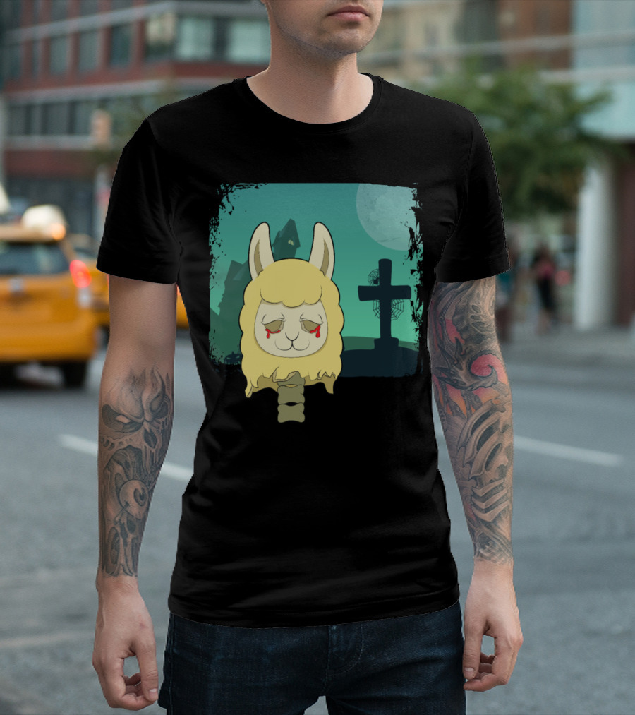 Halloween Animals Llama Alpaca Gothic Cemetery T-Shirt