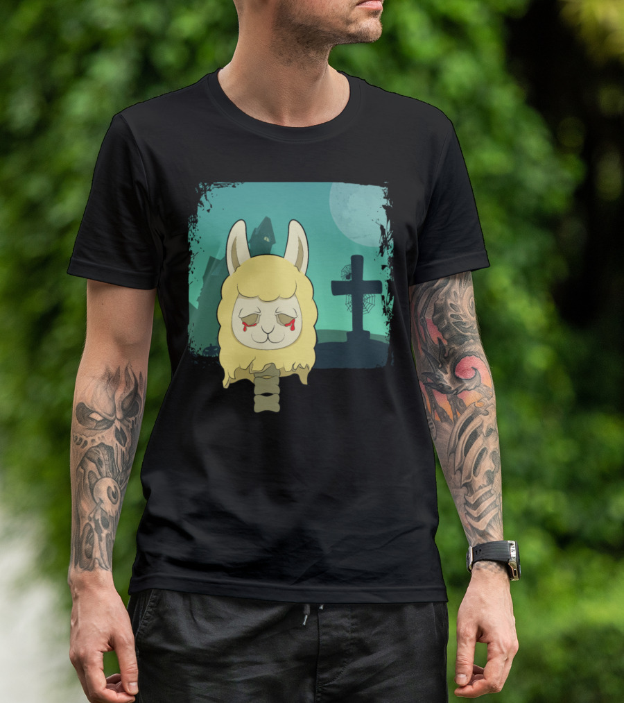 Halloween Animals Llama Alpaca Gothic Cemetery T-Shirt
