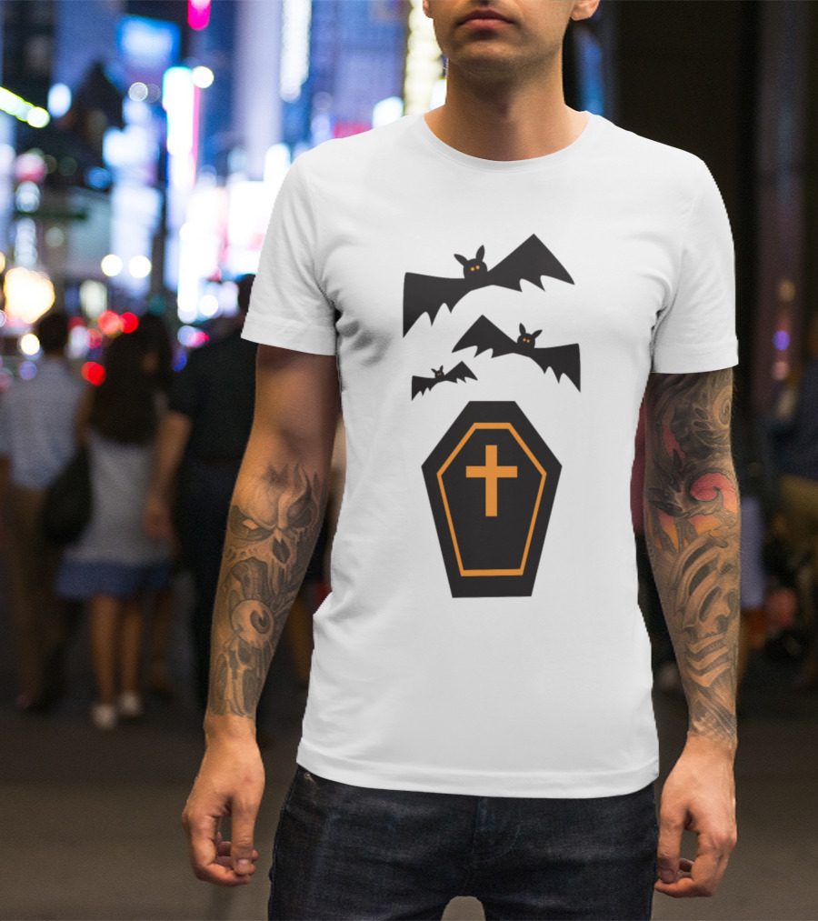 Halloween Bats Trick Or Treat Coffin With Cross And Creepy Shadows T-Shirt