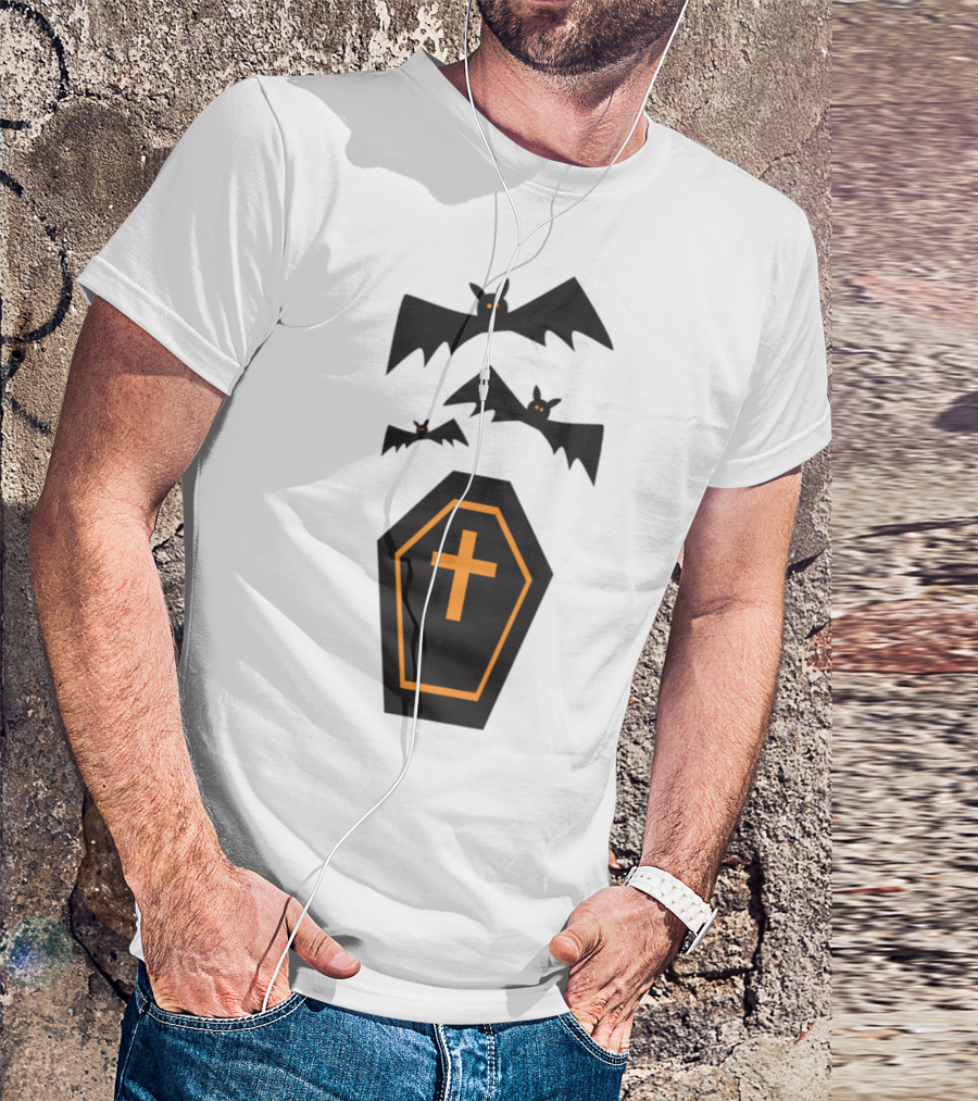 Halloween Bats Trick Or Treat Coffin With Cross And Creepy Shadows T-Shirt